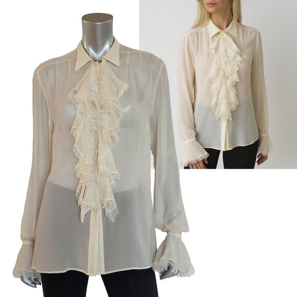 BLUMARINE TOP RUFFLE LONG SLEEVE SILK BLOUSE sz IT 42 US 6 - Picture 1 of 12